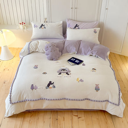 Plüsch Cartoon Applikation Pom-Pom-Borte Fleece Bettbezug Bettwäsche Set