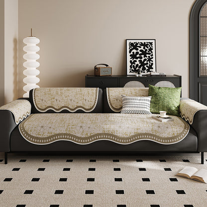 Tailored Scalloped-Edge Sofa Seat and Armrest Protector with Anti-Slip Backing