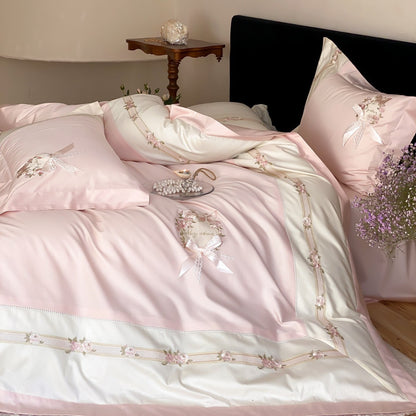 Bestickte Blumenband Baumwollsatin Bettbezug Set mit Kopfkissenrolle & Rüschen Kissenbezügen