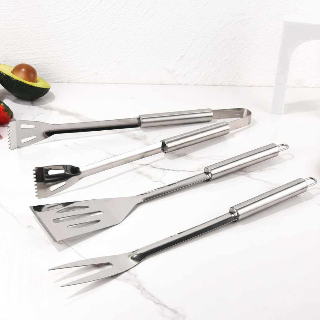 Edelstahl Grillbesteck Set mit Langstieligen Wendespachtel Gabel Zange und Schaber Brehn