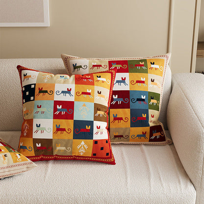 Square Decorative Throw Pillow Cover with Colorful Geometric Cat Motif and Piped Edge
