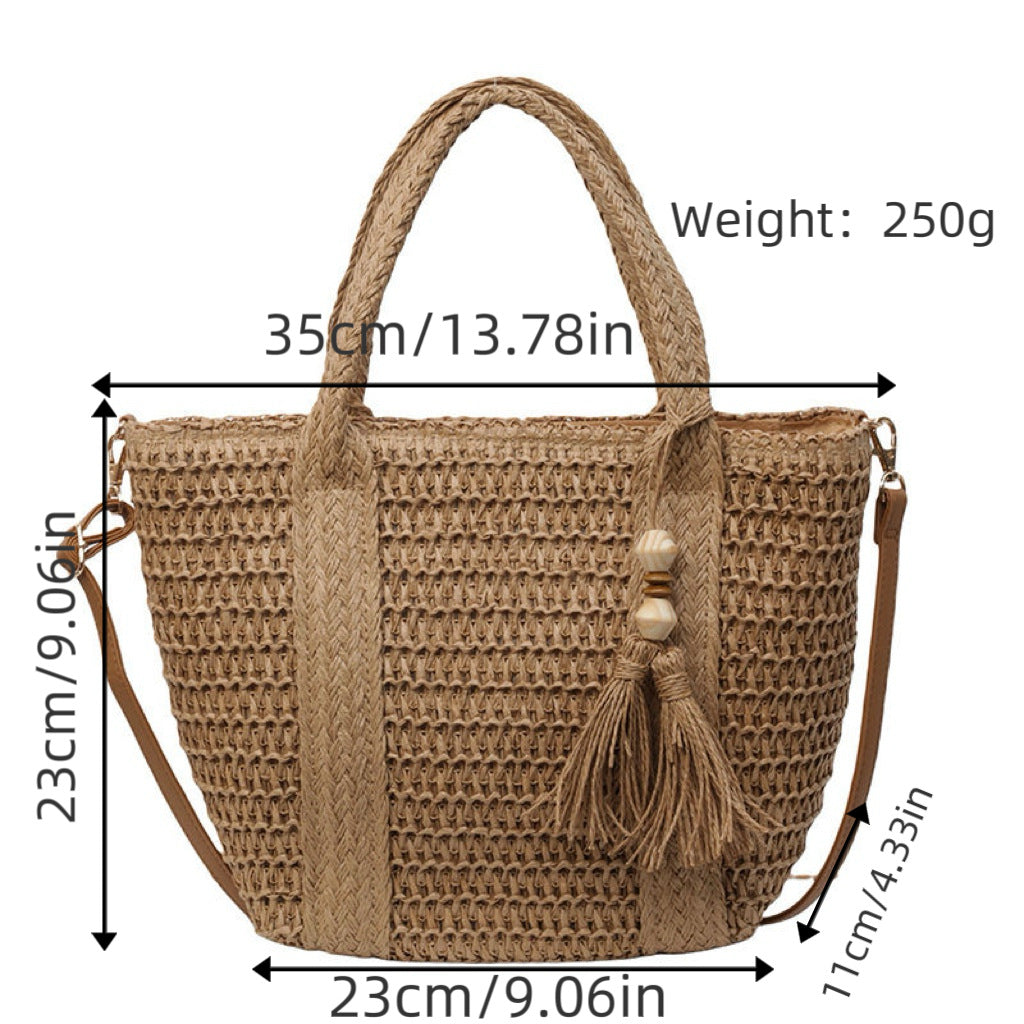 Geflochtene Tragetasche mit Quasten und Lederdetails Brehn