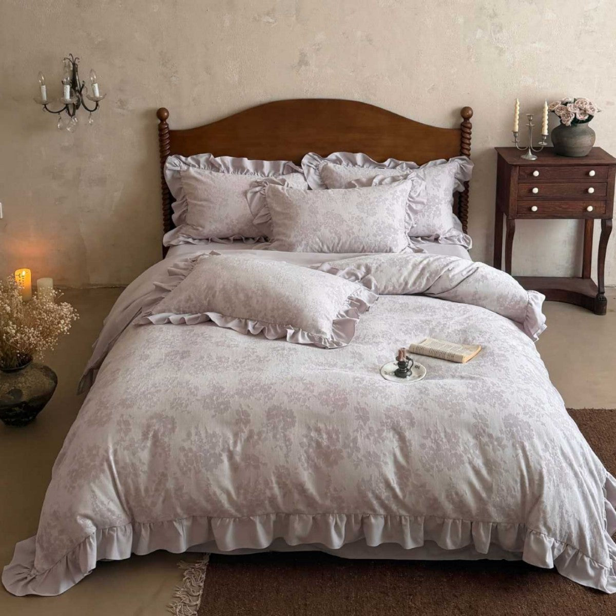 Luxuriöses Rüschendes Floral Jacquard Bettbezug Set