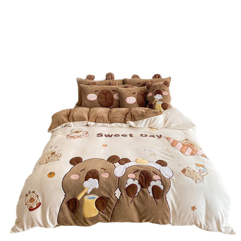 Flauschige Bettwäsche-Garnitur mit gesteppter Kuscheloberfläche, 3D-Teddy-Applikationen und wärmender Microfaserfüllung Brehn