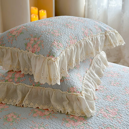 Vintage-inspirierte Baumwoll-Matelassierte Bettdecke mit Ösen-Spitzen-Rüsche und passendem Kissenbezug