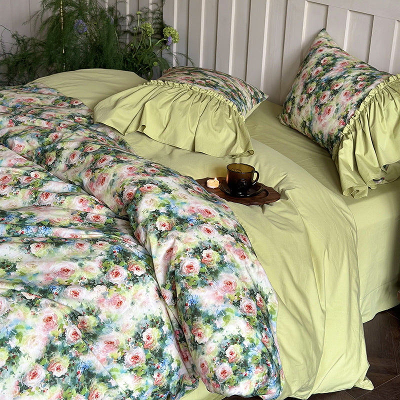 Luxuriöses Baumwoll-Bettwäsche-Set mit Volant, Rüschen und Aquarell-Rosenprint