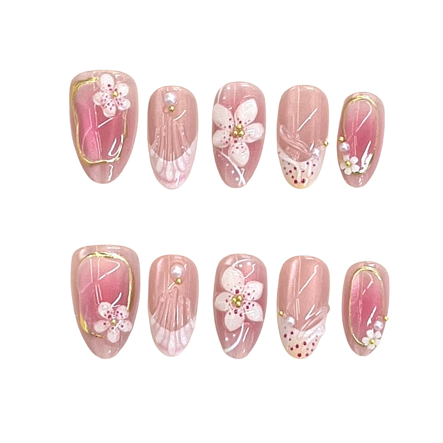 Detailliertes florales Design Press-On Nagelset Brehn