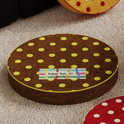 Round Plush Floor Cushion Pouf with Polka Dot Texture and Playful Have Fun Patch