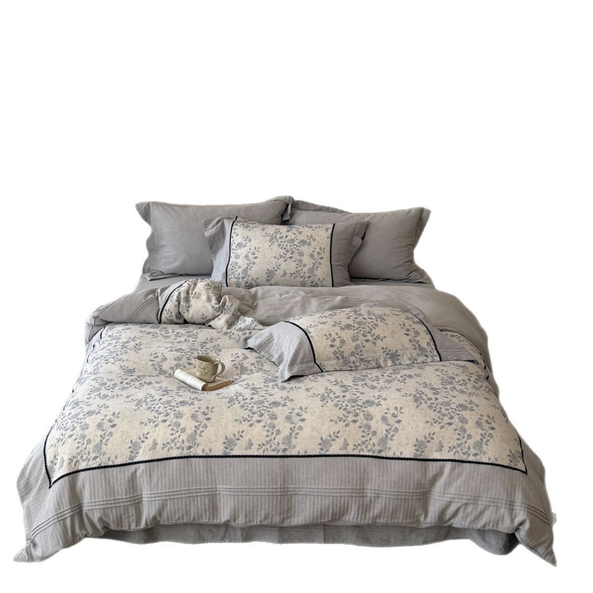 Florales Baumwoll-Leinen Bettbezug-Set mit gewelltem Rand