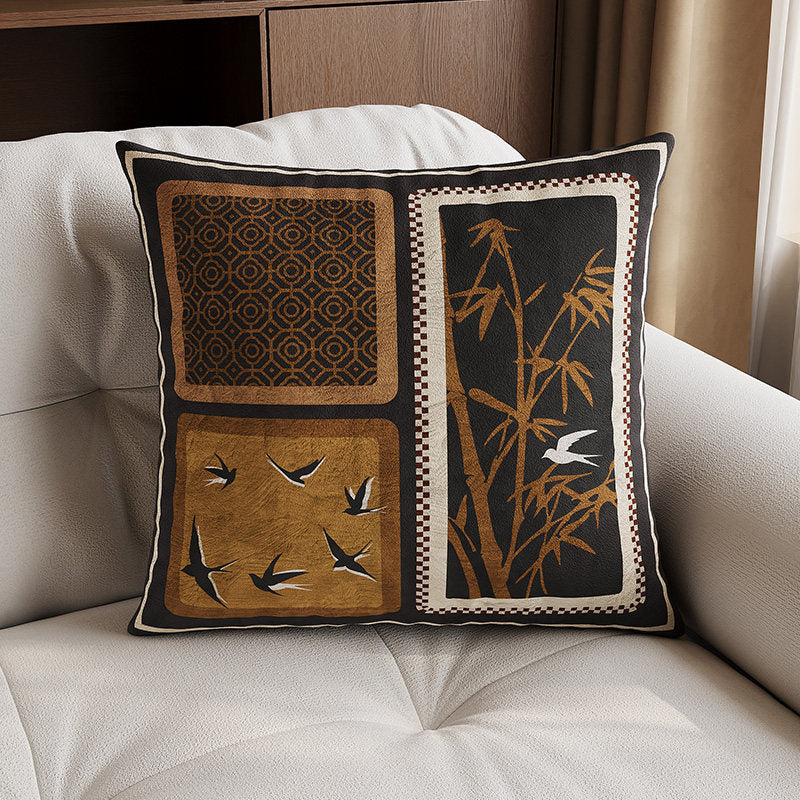 Decorative Square Velvet Throw Pillow Cover with Patchwork Quilted Stitch & Botanical Geometric Panels