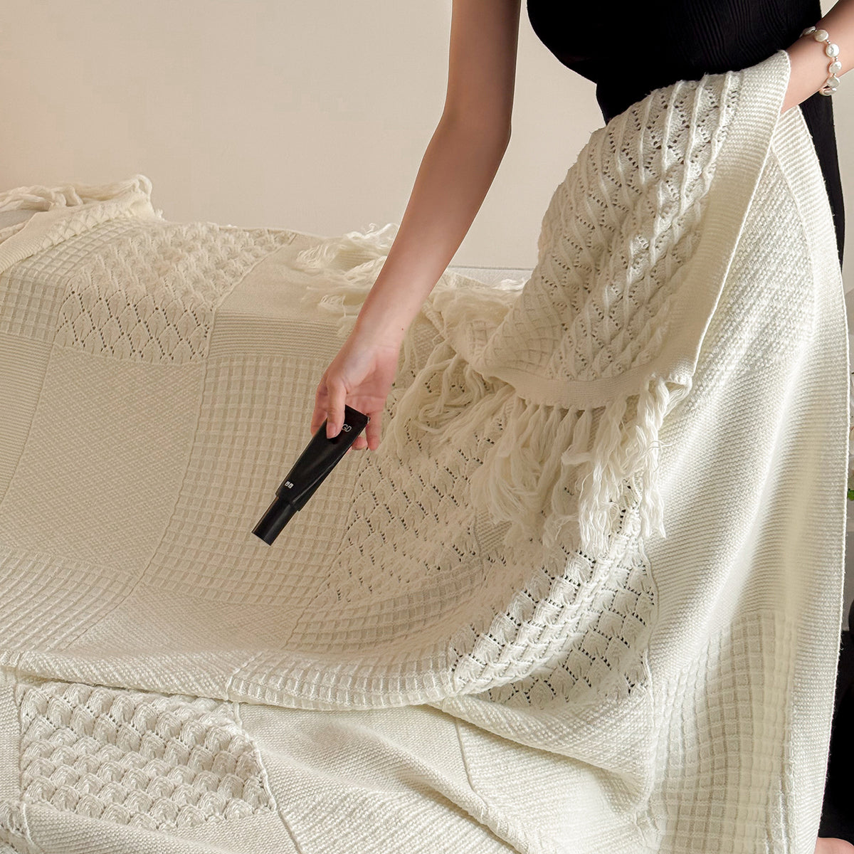 Strukturierte Patchwork-Baumwollstrick-Fransen-Wurfdecke