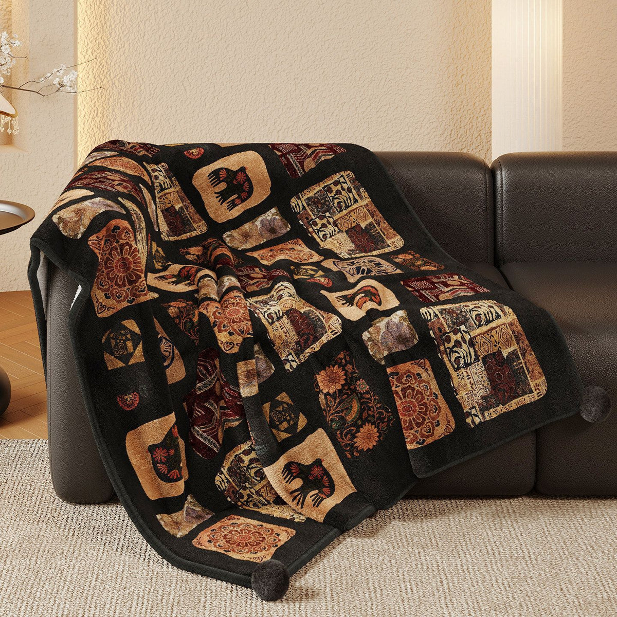 Plush Patchwork Velvet Throw Blanket with Pom-Pom Corners