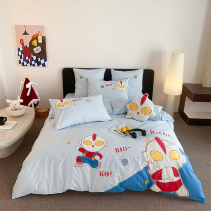 Kinder Cartoon Grafik Baumwoll-Satin Bettbezug Set mit Paspel Kissenbezügen