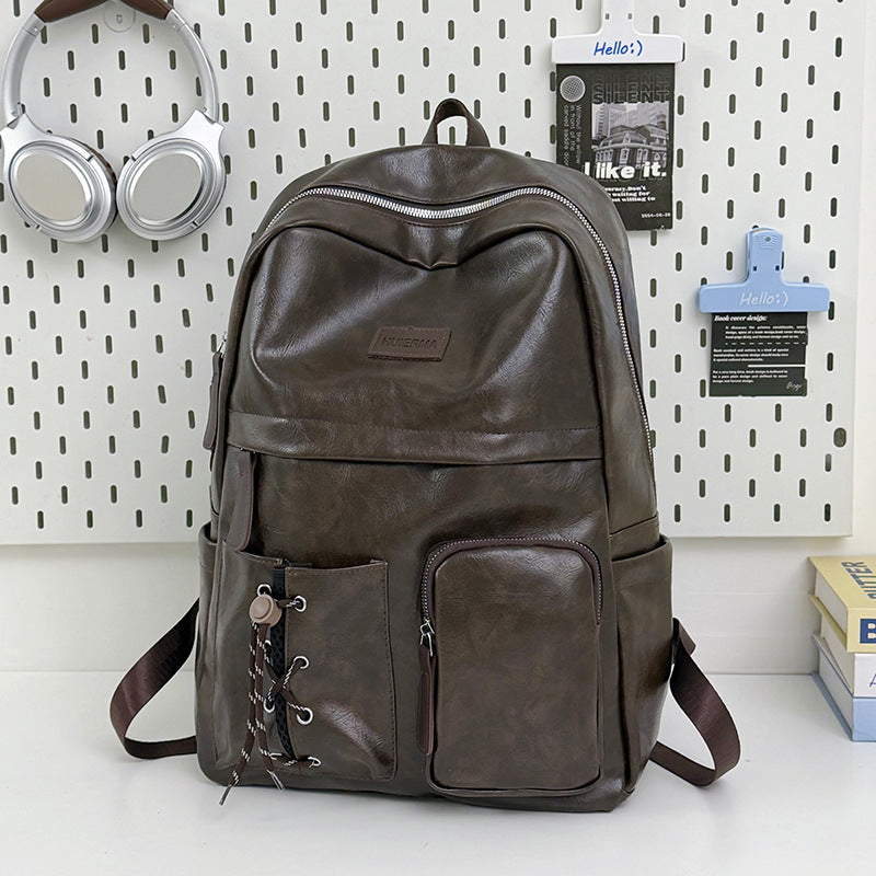 Multi-Taschen Leder Schulrucksack