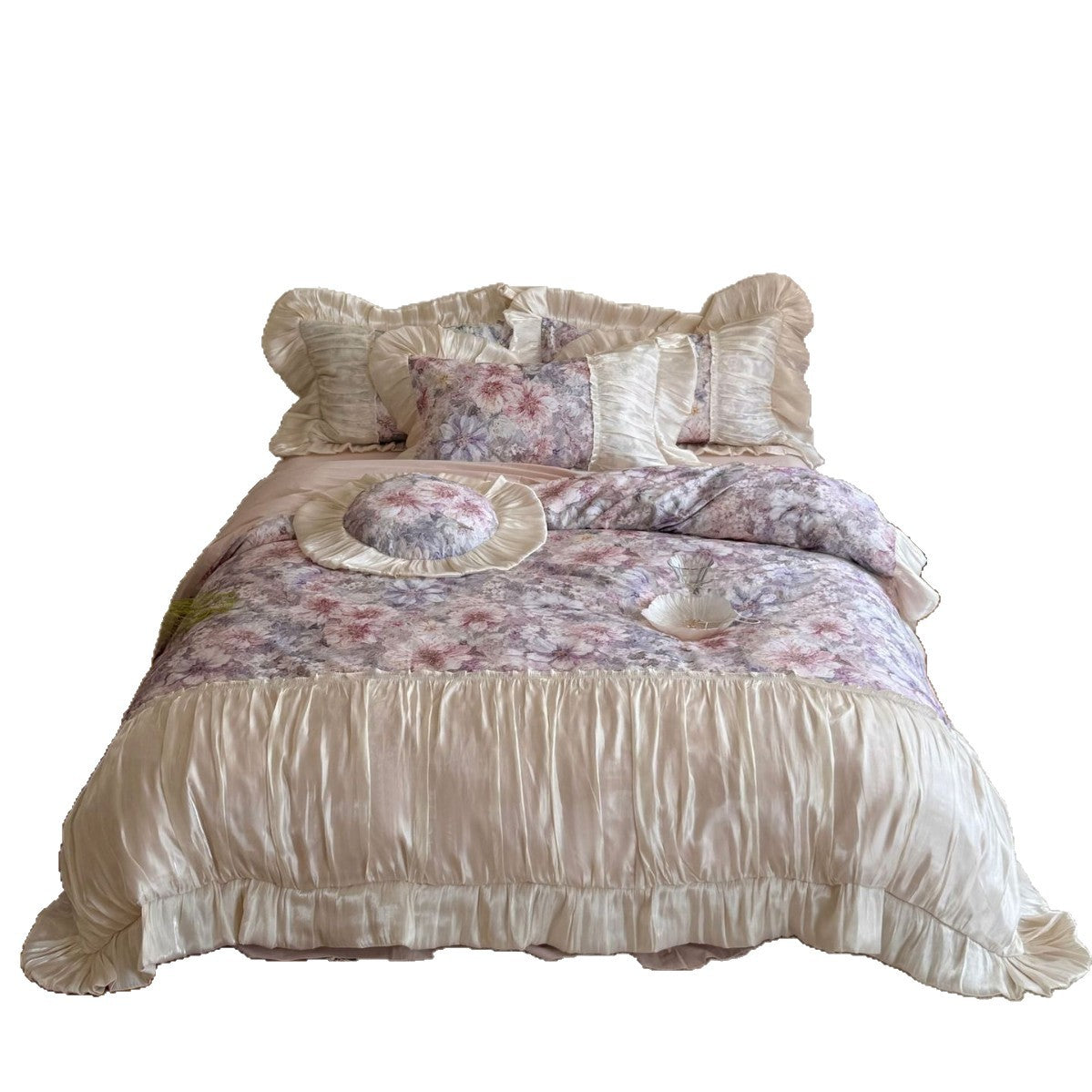 Romantisches Satin-Bettwäsche-Set mit floralem Muster, Volant und Rundkissen