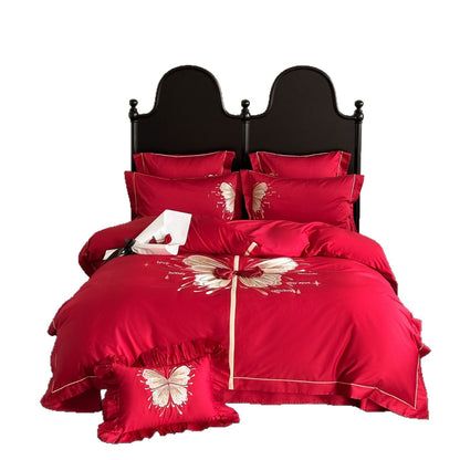 Luxuriöse Satin-Bettwäschegarnitur mit besticktem Schmetterlingsmotiv, Paspelierung und Zierband