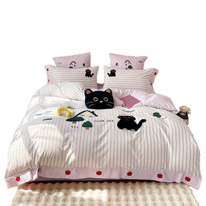 Verspielt Appliqué Katze gestreiftes Bettwäsche Set mit passenden Kissenbezügen