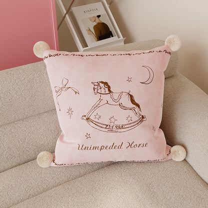 Velvet Pom-Pom Corner Decorative Throw Pillow Cover with Hand-Drawn Rocking Horse Motif
