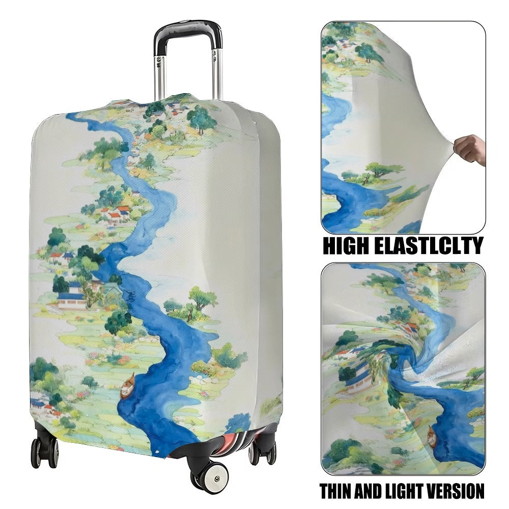 Unisex nan elastische Kofferhülle mit detaillierter Fluss- und Dorfillustrationsdruck, reißfester Stretchschutz für Hartschalen- und Stofftrolley Brehn