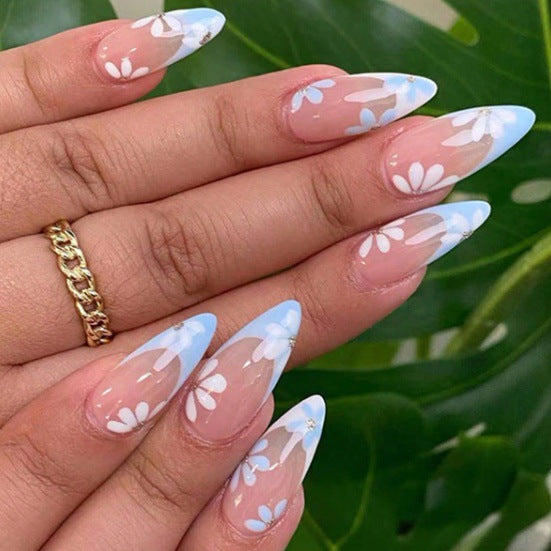 Spitzmandelförmige Press-On Nägel mit floralen Design Brehn