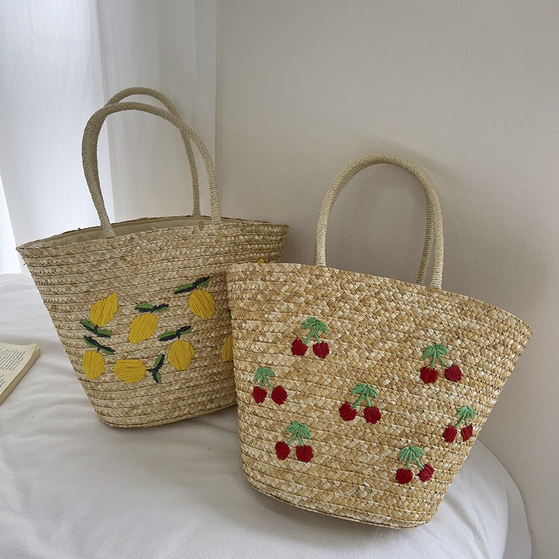 Handgefertigte Strohtasche mit Buntem Zitronenmotiv Brehn