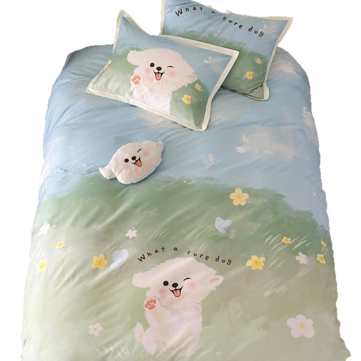 Cartoon Puppy Gedrucktes Baumwoll-Satin Bettbezug und Kissenbezug Set mit Paspelrand