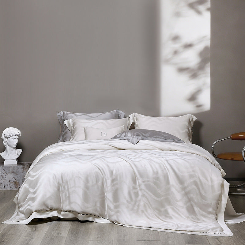 Luxuriöses Satin-Jacquard Wellenbettbezugset mit Halbstich und Kissenbezügen