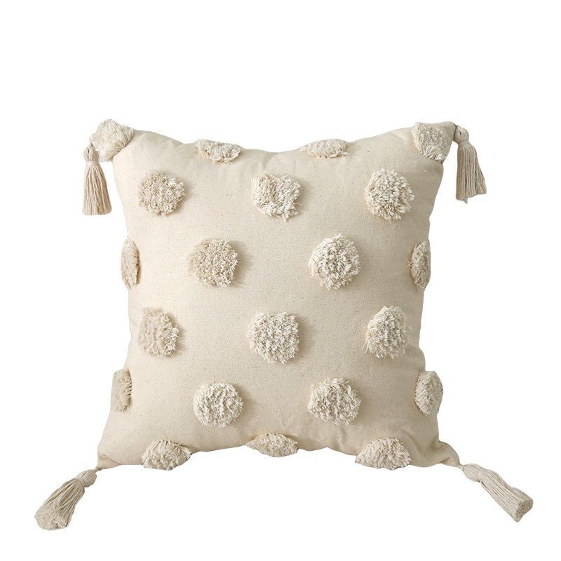 Quadratischer Baumwoll-Leinen Kissenbezug mit 3D‑Pompon‑Tufting und Eckquasten Brehn