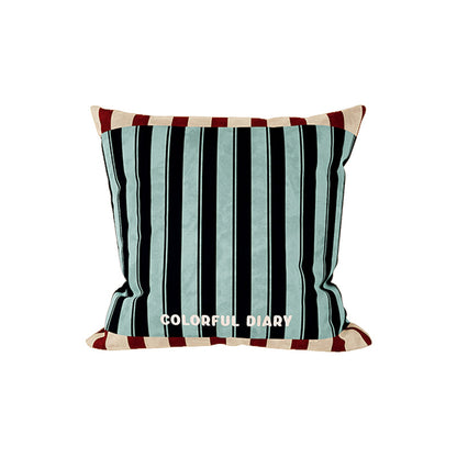 Striped Velvet Square Throw Pillow Cover with Contrast Border and Embroidered Slogan