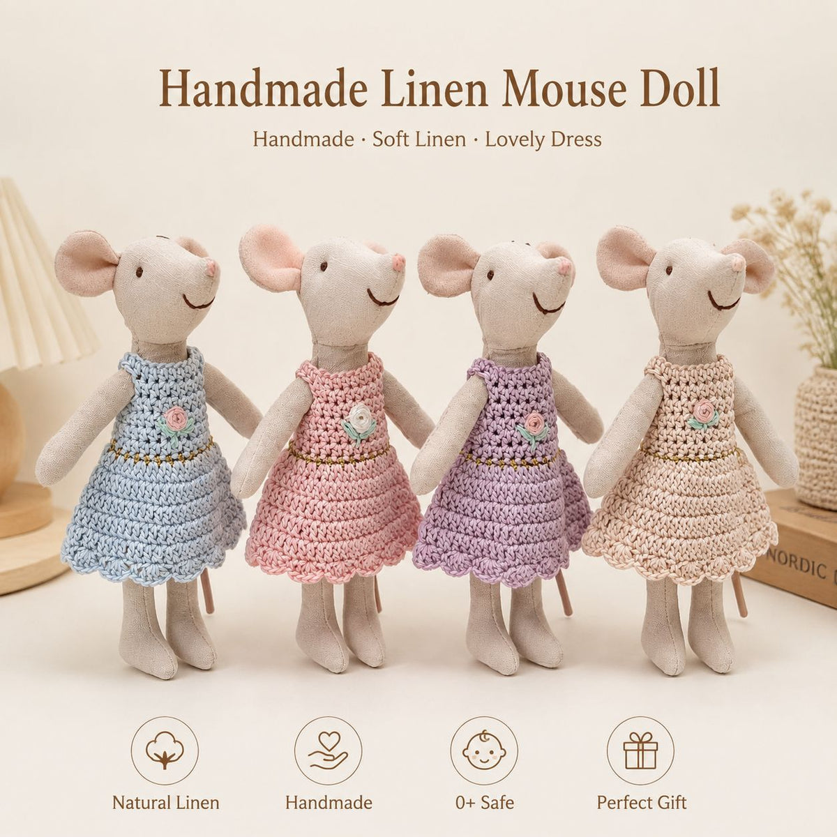 Handgemachte Leinenmaus Puppe mit gehäkeltem Minikleid