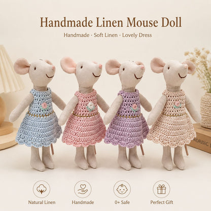 Handgemachte Leinenmaus Puppe mit gehäkeltem Minikleid