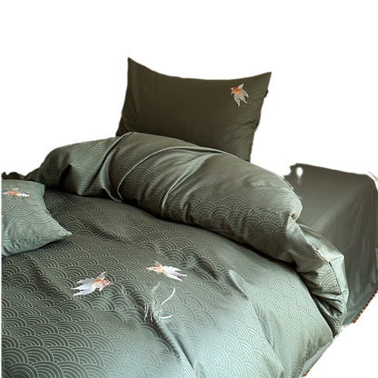 Premium-Bettbezug-Garnitur aus Baumwollsatin mit gewebtem Wellenjacquard und Koi-Stickerei