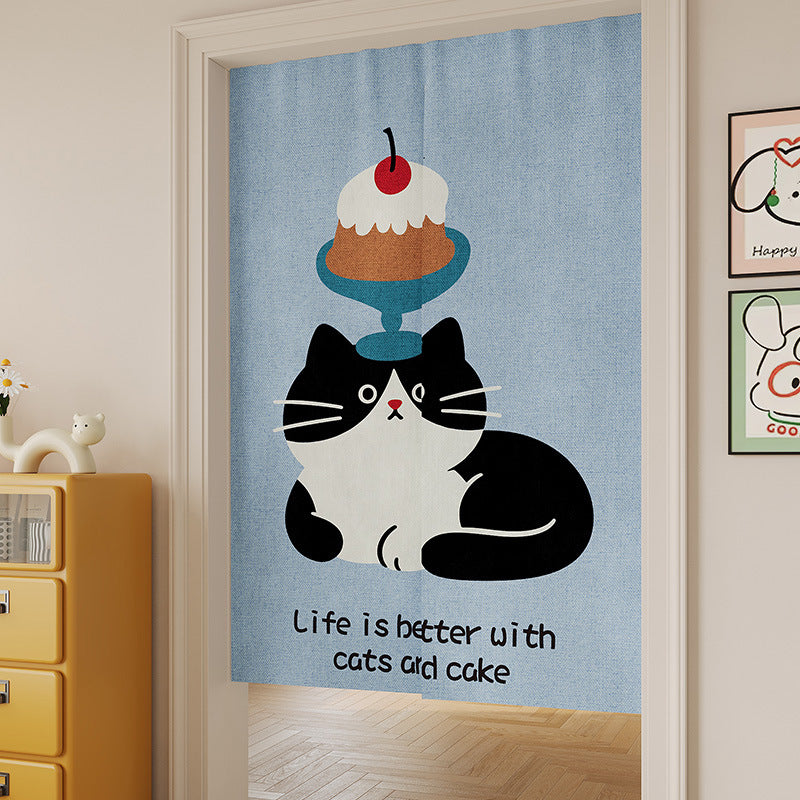 Split Noren Doorway Curtain with Cat-on-Sofa Illustration and Playful Yarn Motif