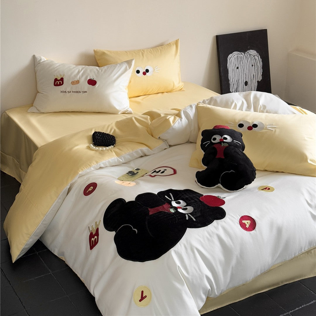 Cartoon Applikation Plüsch Katze Bettdeckenbezug Set mit Micro-Satin Wendeseite & Kopfkissenbezügen