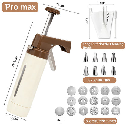 Handheld Cookie Press and Churro Maker with Assorted Piping Discs and Stainless Nozzles