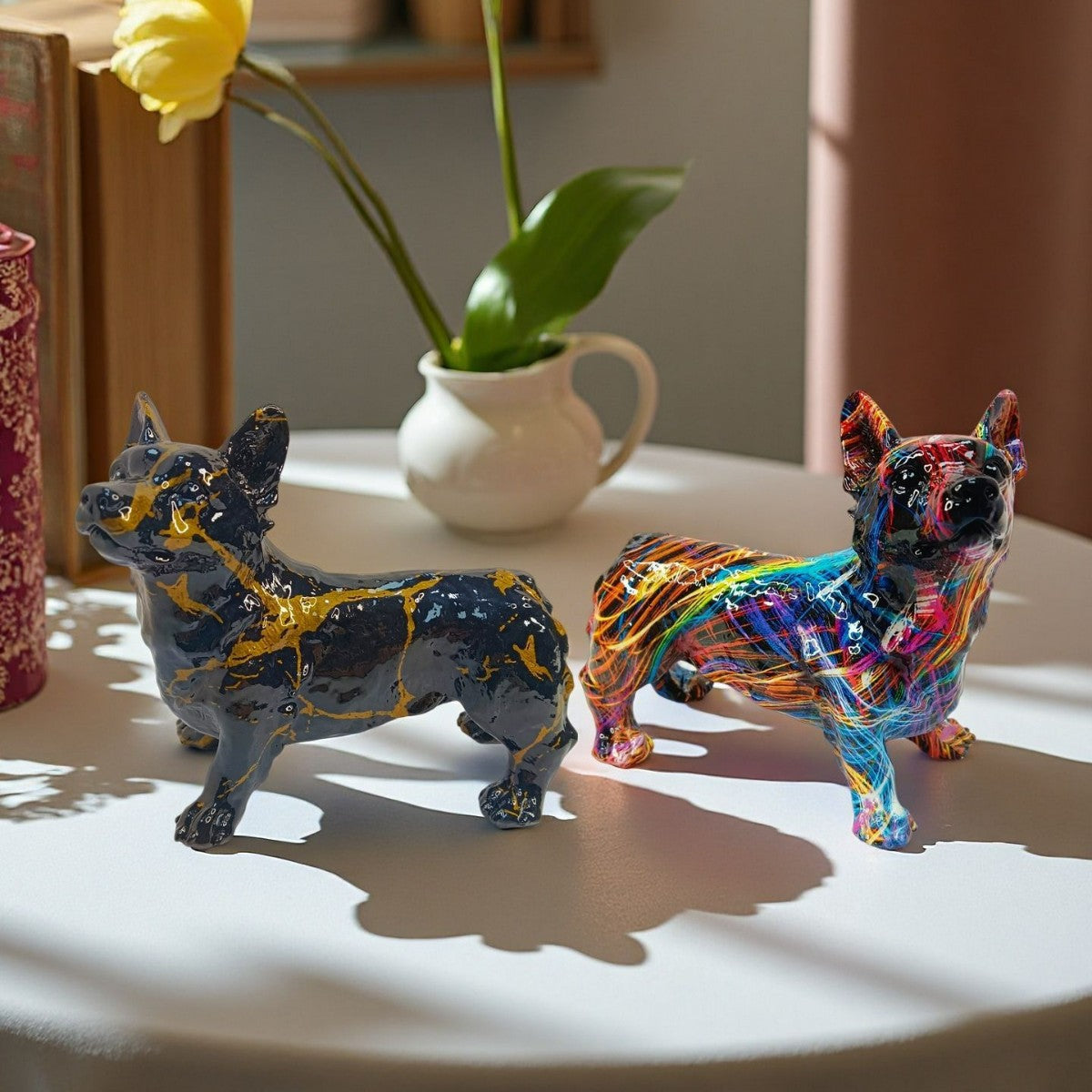 Bunte Dekofigur eines Welsh Corgis Brehn