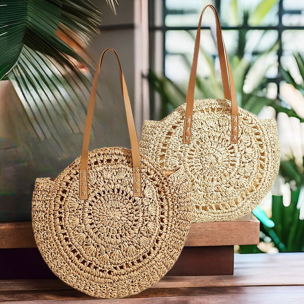 Handgefertigte Runde Basttasche mit Eleganten Ledergriffen Brehn