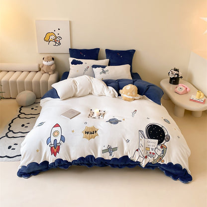 Cartoon Raumfahrt-Themen Baumwolle Bettbezug Set mit wendbarem Samt Wellenrand und bestickten Astronauten Motiven