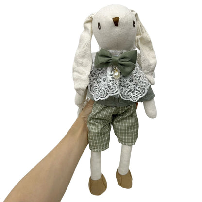 Handgefertigte Leinen-Hase Puppe mit Spitzenkragen und Perlen-Schleifen-Anhänger