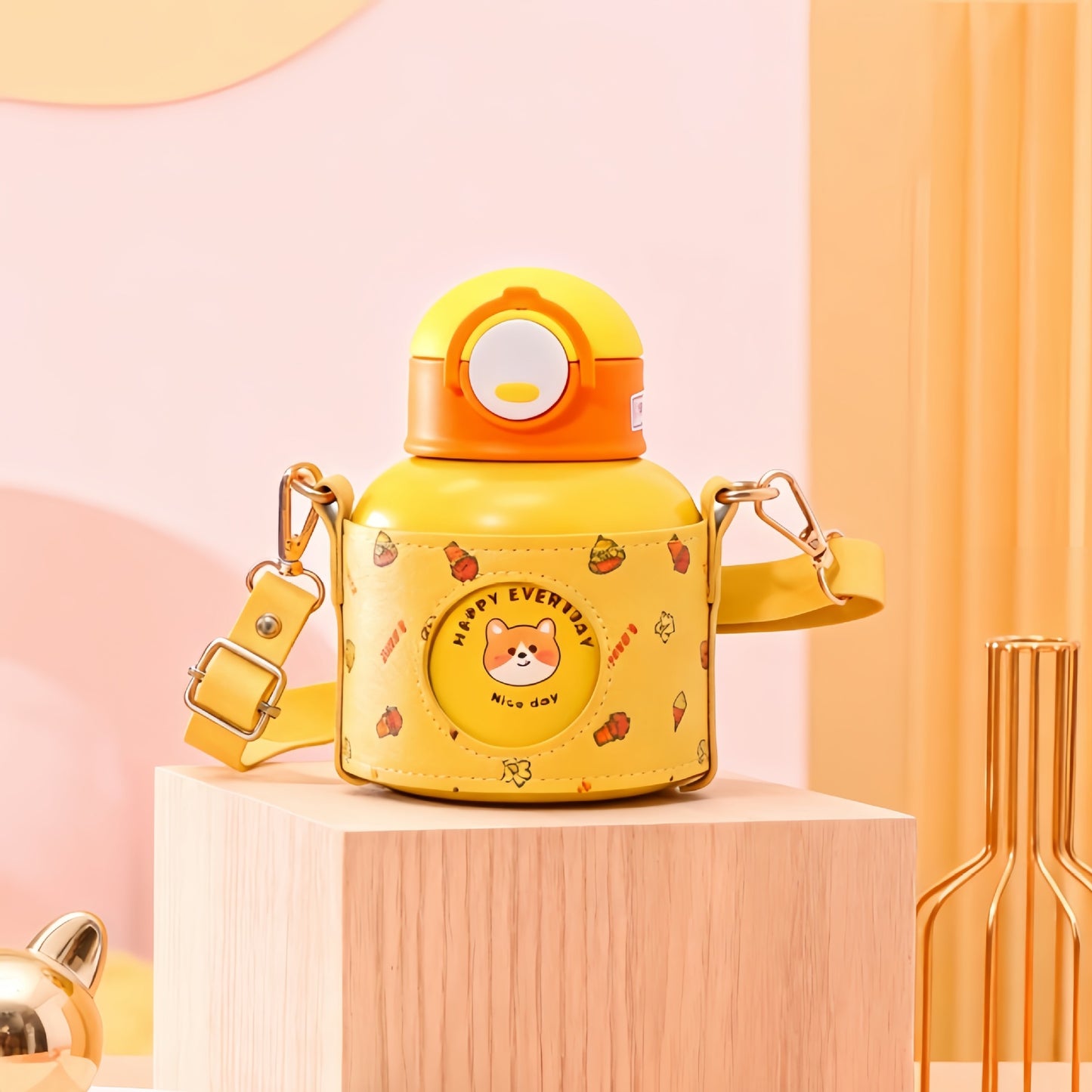 Damen Isolierte Trinkflasche mit fröhlichem Design und praktischem Tragriemen Brehn
