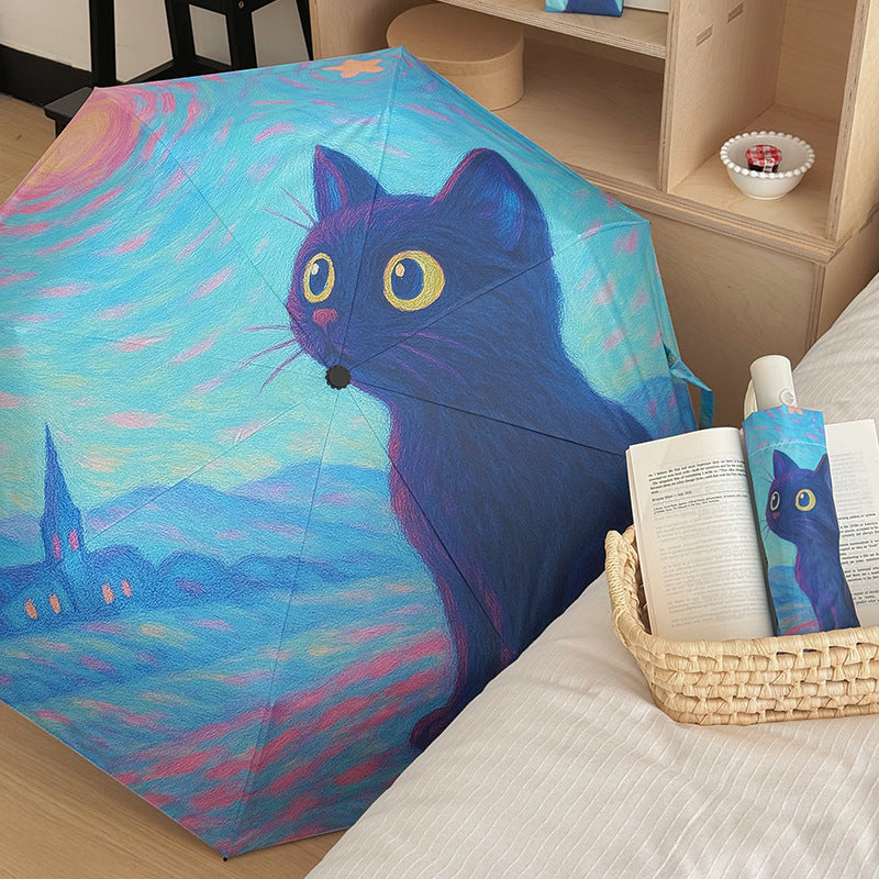 Damen Faltregenschirm mit kreativem Katzenmotiv und praktischem Etui Brehn