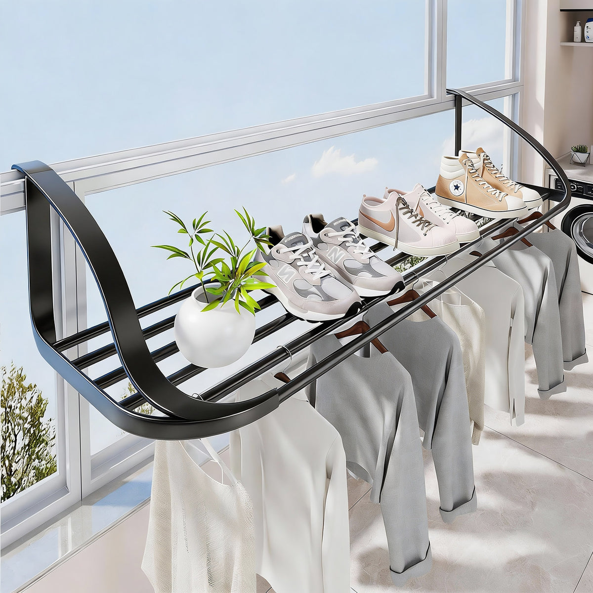 Fenster-Montierte Zusammenklappbare Trockenregal mit Mehrfach-Bar Schuh- und Bekleidungsregal