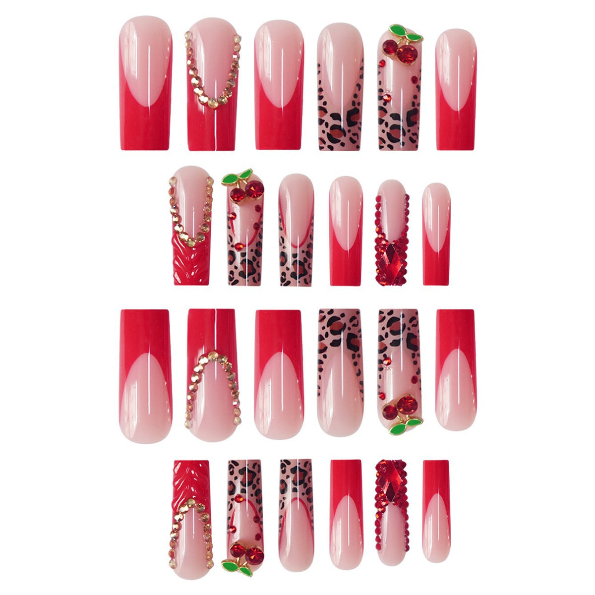 Dekorativer Langer Press-On Nagelset mit Edelstein- und Blumenakzenten Brehn