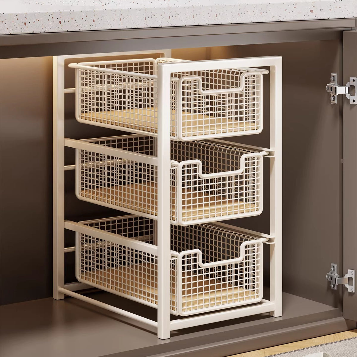 Unter-Schrank Gleitender Drei-Ebenen Mesh Korb Organizer mit Abnehmbaren Behältern