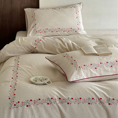 Leinen-Bettwäsche-Set mit floraler Stickbordüre
