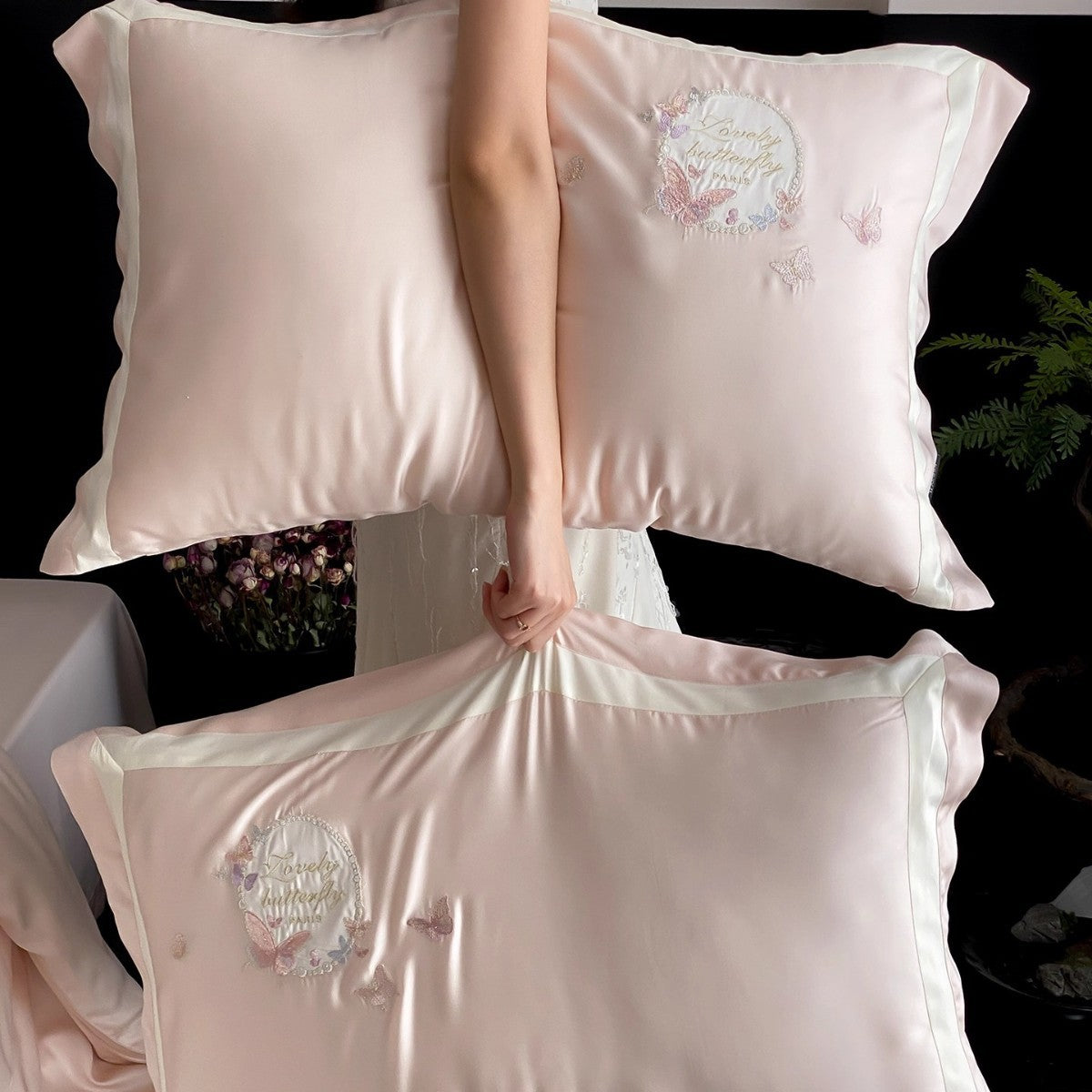Bestickte Satin-Feel Schmetterlings Bettbezug Bettwäsche Set