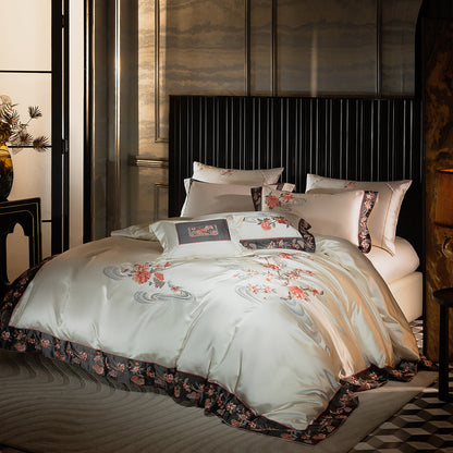 Luxuriöser Satin-Feel gestickter Bettbezug Set mit floralem Applikation