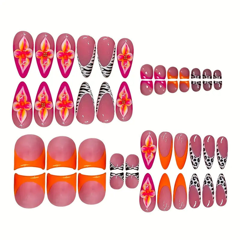 Künstlerisches Blumen- und abstraktes Press-On-Nagelset Brehn