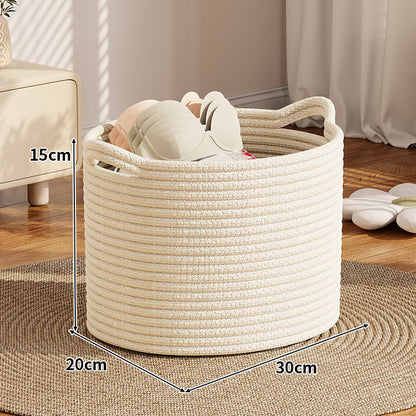 Geflochtener Baumwollseil runder Aufbewahrungskorb mit verstärkten Leder-Patch-Griffen