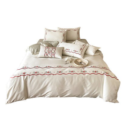 Bestickte florale gewellte Bordüre Baumwollsatin Bettbezug Bettwäsche Set